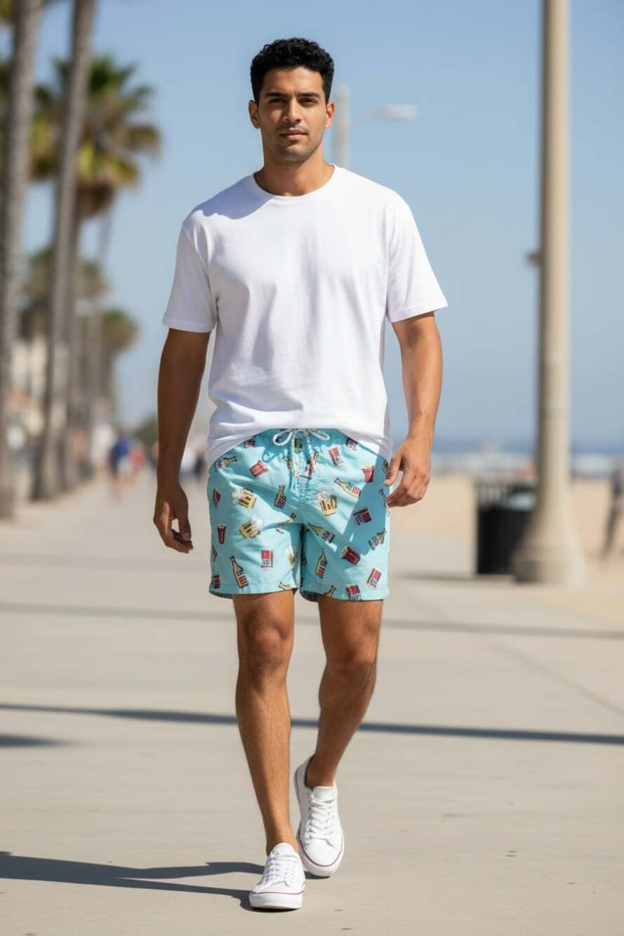 Party Pants Swim Trunks Beer Print Light Blue Men’s Shorts Patriotic Pool Beach